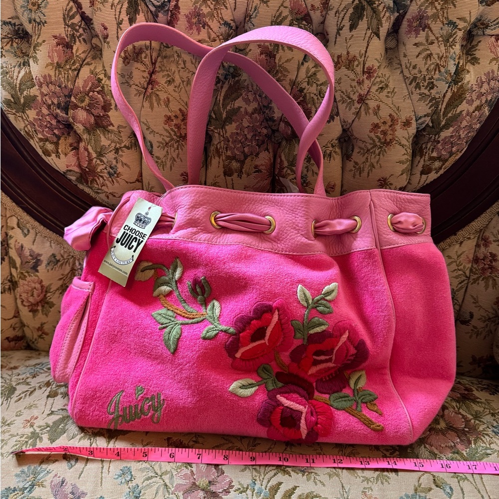 Rare! Vintage Pink Roses Juicy Couture Rich Girl Velvet Daydreamer Bag Purse Y2K